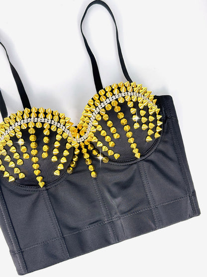 Corset Tops Black Gold Sexy Sleeveless Straps Neck Slim Fit Rivets Tops