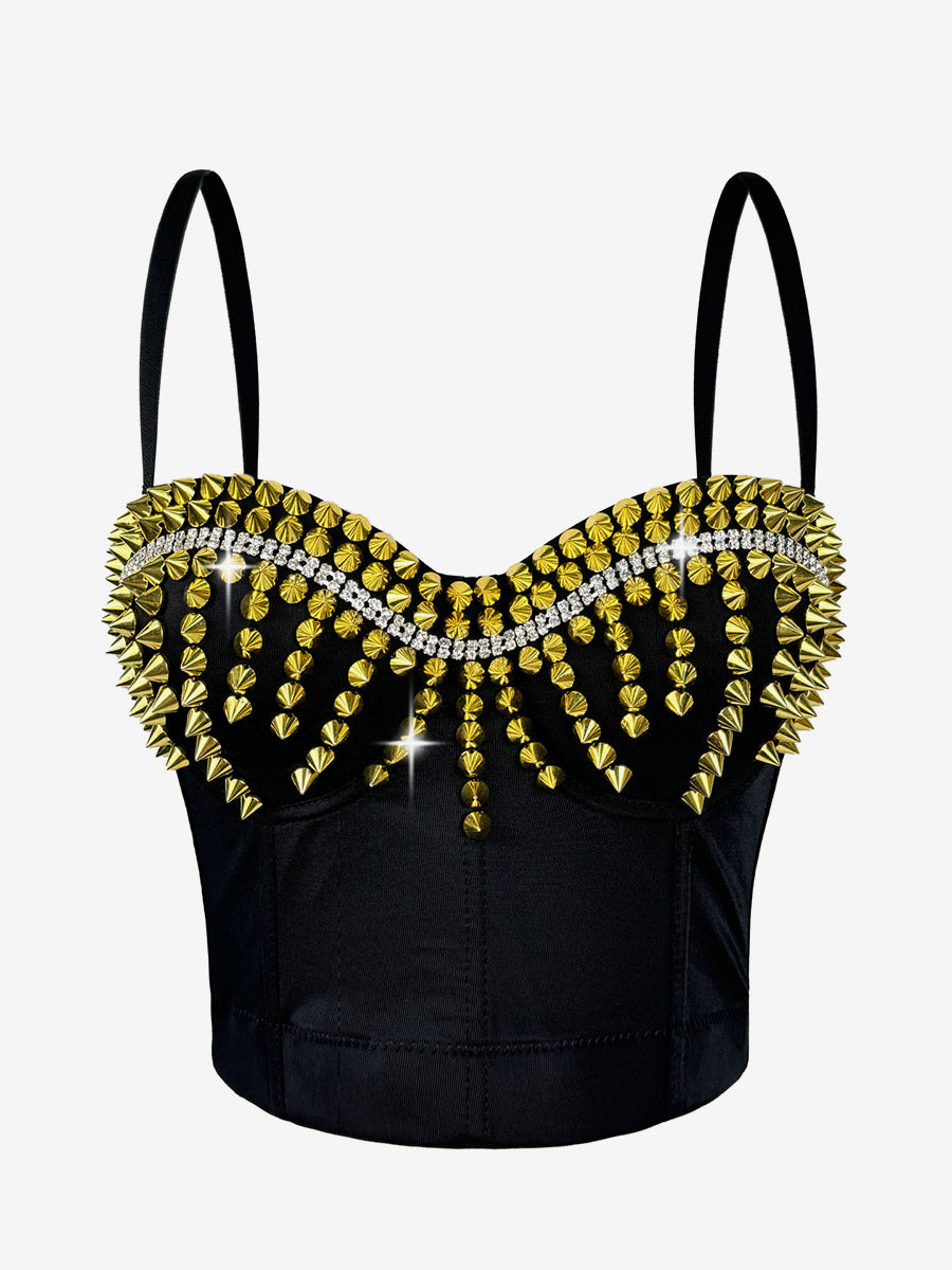 Corset Tops Black Gold Sexy Sleeveless Straps Neck Slim Fit Rivets Tops