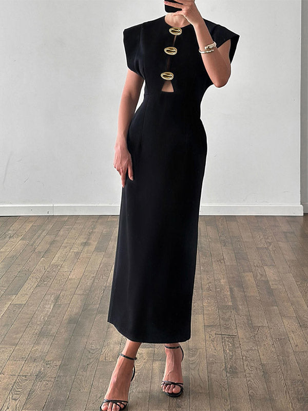 Party Dress Maxi Black Jewel Neck Buttons Sleeveless Elegant Semi Formal Dress