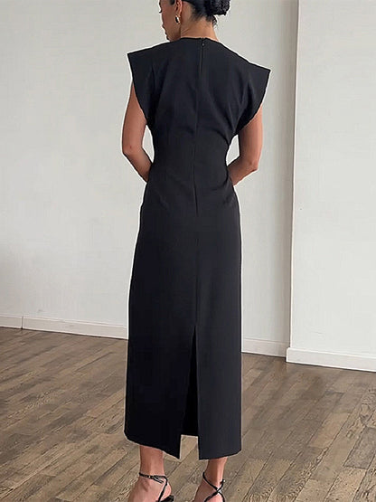 Party Dress Maxi Black Jewel Neck Buttons Sleeveless Elegant Semi Formal Dress