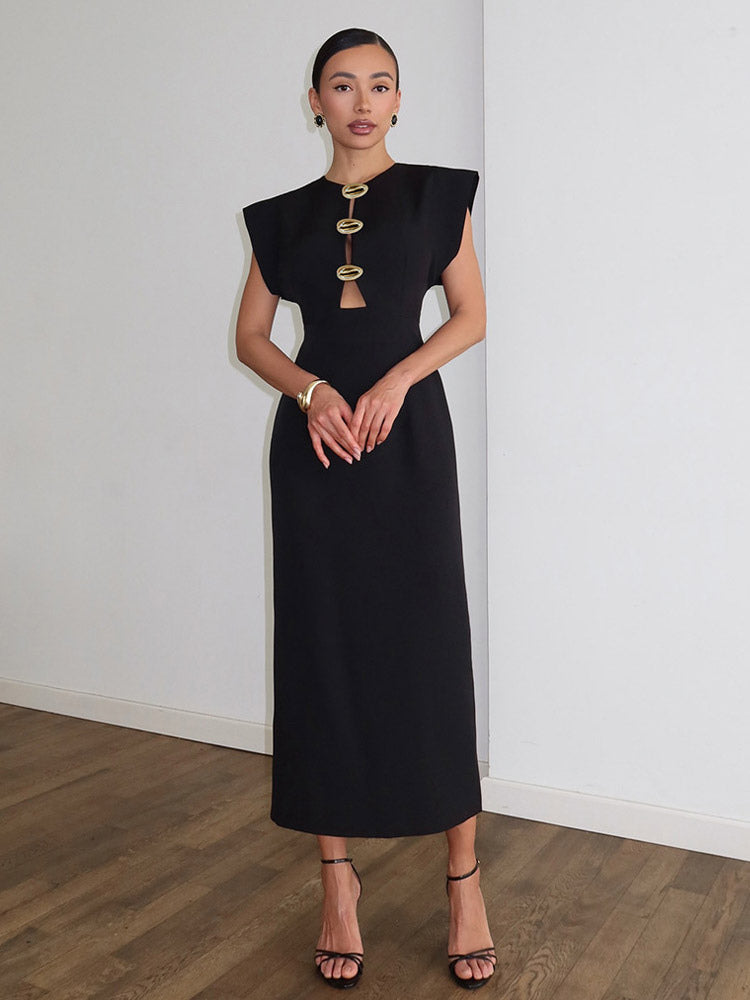 Party Dress Maxi Black Jewel Neck Buttons Sleeveless Elegant Semi Formal Dress
