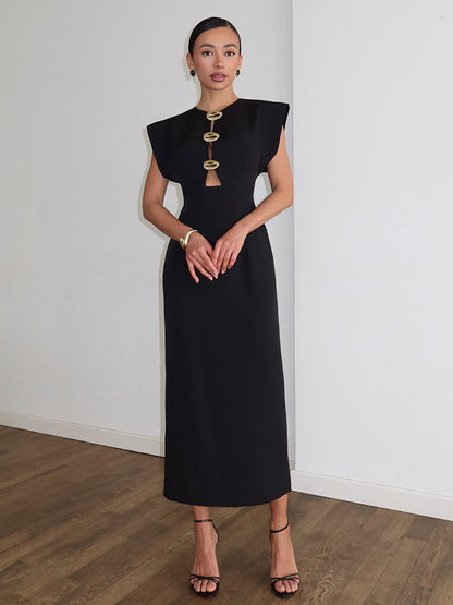Party Dress Maxi Black Jewel Neck Buttons Sleeveless Elegant Semi Formal Dress