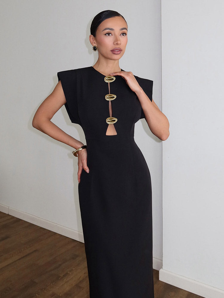 Party Dress Maxi Black Jewel Neck Buttons Sleeveless Elegant Semi Formal Dress