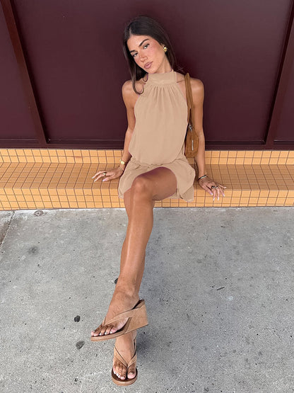 Daily Dresses Mini Khaki Sleeveless Backless High Collar Natural Waist Dress