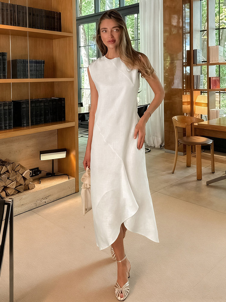 Daily Dresses Maxi For Woman Sleeveless Jewel Neck Natural Waist Elegant White Dress