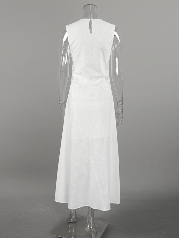 Daily Dresses Maxi For Woman Sleeveless Jewel Neck Natural Waist Elegant White Dress