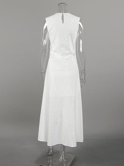 Daily Dresses Maxi For Woman Sleeveless Jewel Neck Natural Waist Elegant White Dress