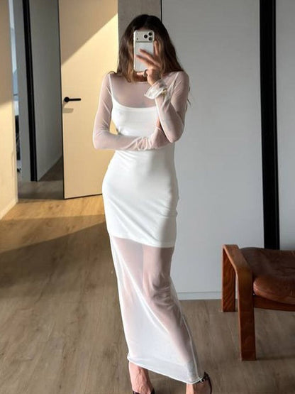 Daily Dresses Woman's Maxi White Long Sleeves Jewel Neck Natural Waist Dress
