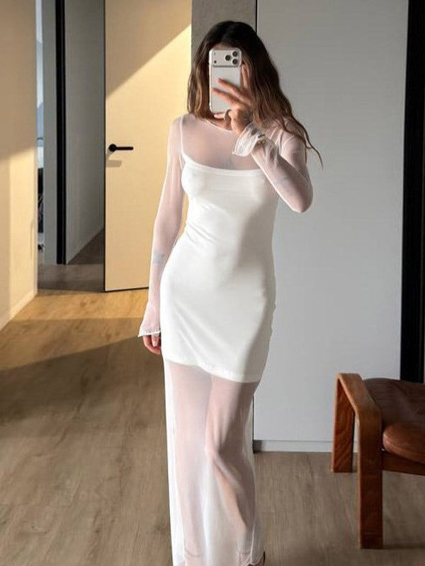 Daily Dresses Woman's Maxi White Long Sleeves Jewel Neck Natural Waist Dress