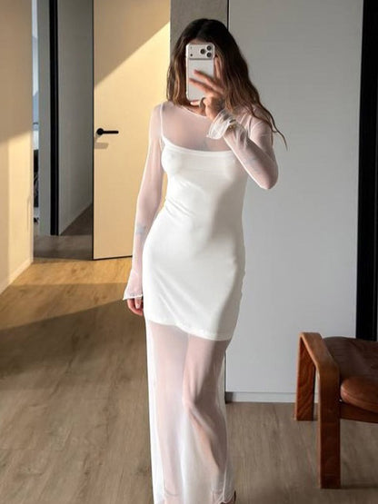 Daily Dresses Woman's Maxi White Long Sleeves Jewel Neck Natural Waist Dress