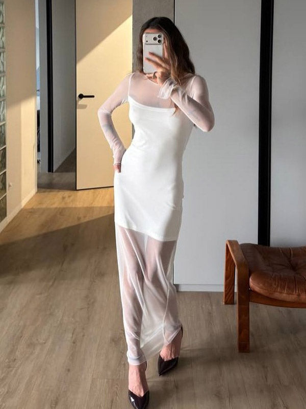Daily Dresses Woman's Maxi White Long Sleeves Jewel Neck Natural Waist Dress