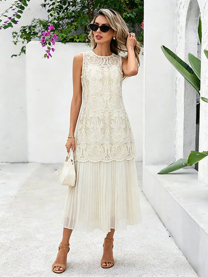 Daily Dresses Maxi Daily For Woman Sleeveless Jewel Neck Natural Waist Chic Lace Dress