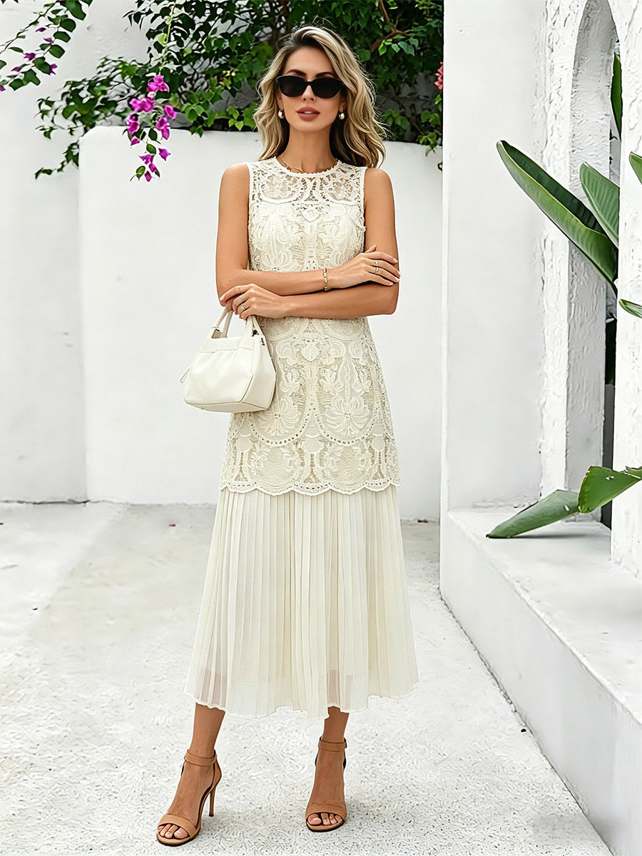 Daily Dresses Maxi Daily For Woman Sleeveless Jewel Neck Natural Waist Chic Lace Dress