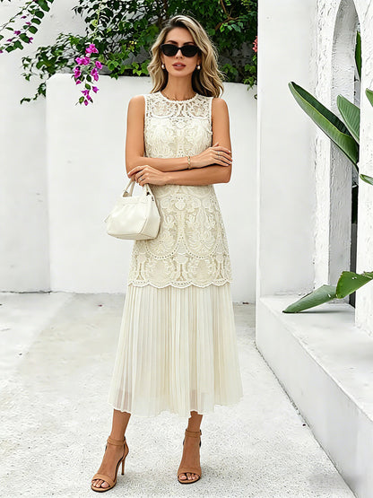 Daily Dresses Maxi Daily For Woman Sleeveless Jewel Neck Natural Waist Chic Lace Dress