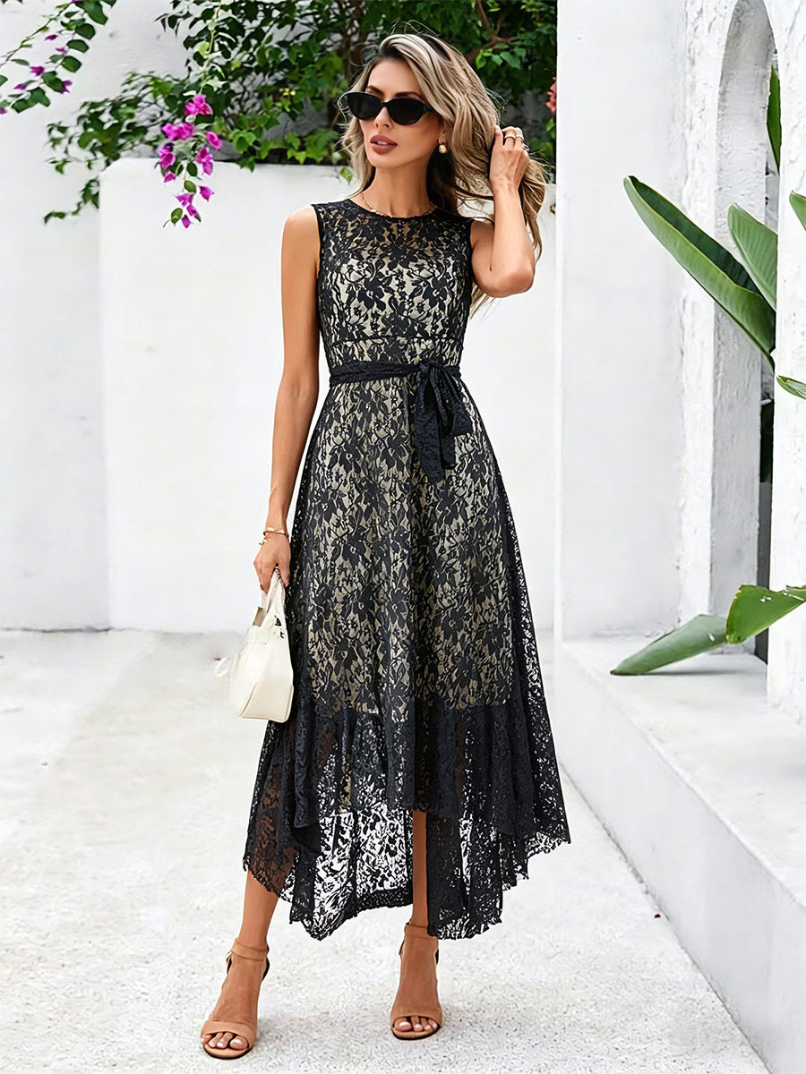 Daily Dresses Maxi Sleeveless Jewel Neck Natural Waist Elegant Lace White Dress