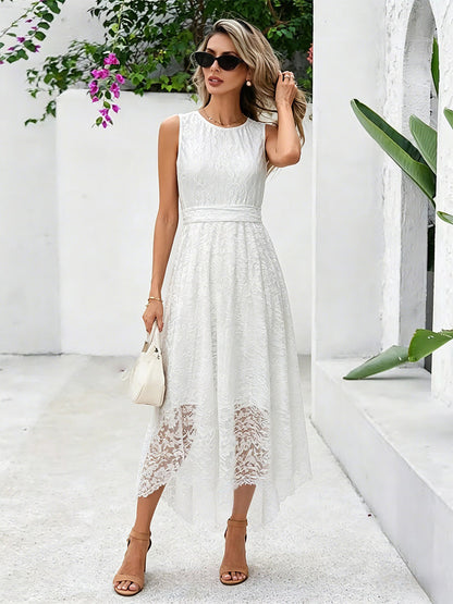Daily Dresses Maxi Sleeveless Jewel Neck Natural Waist Elegant Lace White Dress