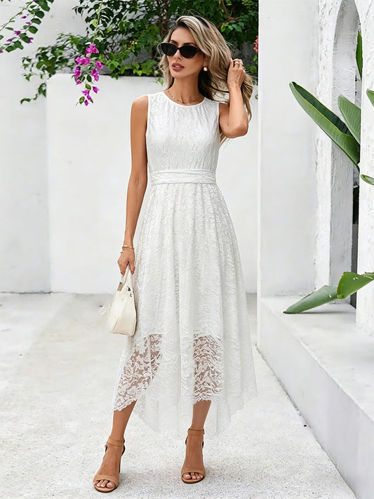Daily Dresses Maxi Sleeveless Jewel Neck Natural Waist Elegant Lace White Dress