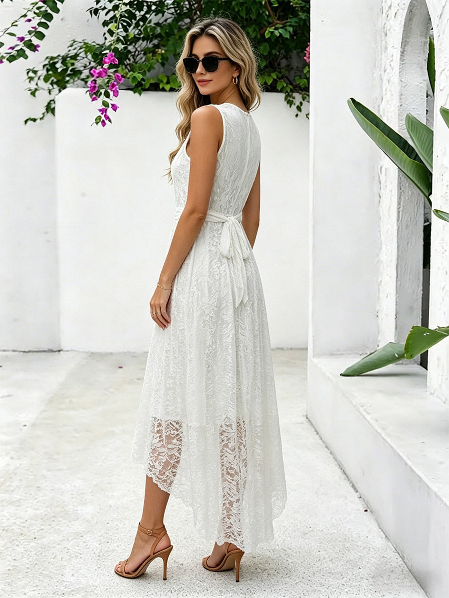 Daily Dresses Maxi Sleeveless Jewel Neck Natural Waist Elegant Lace White Dress