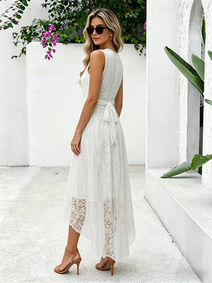 Daily Dresses Maxi Sleeveless Jewel Neck Natural Waist Elegant Lace White Dress