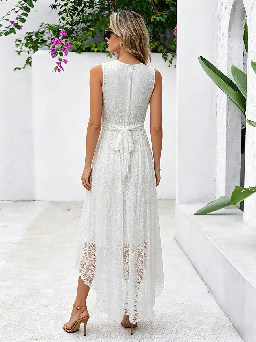 Daily Dresses Maxi Sleeveless Jewel Neck Natural Waist Elegant Lace White Dress