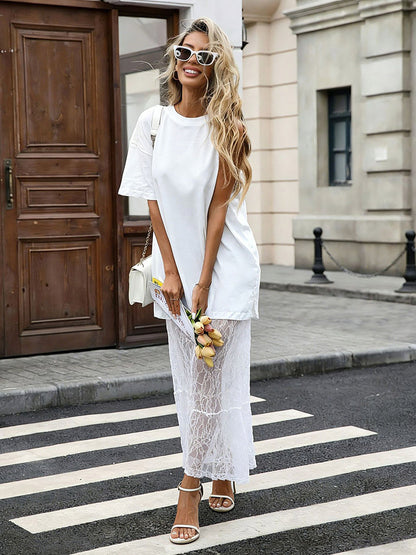Date Night Dresses Maxi Lace Short Sleeves Jewel Neck Elegant White Dress