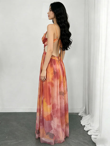 Vacation Dresses Maxi Cross Front Sleeveless Floral Print Straps Neck Chic Orange Dress
