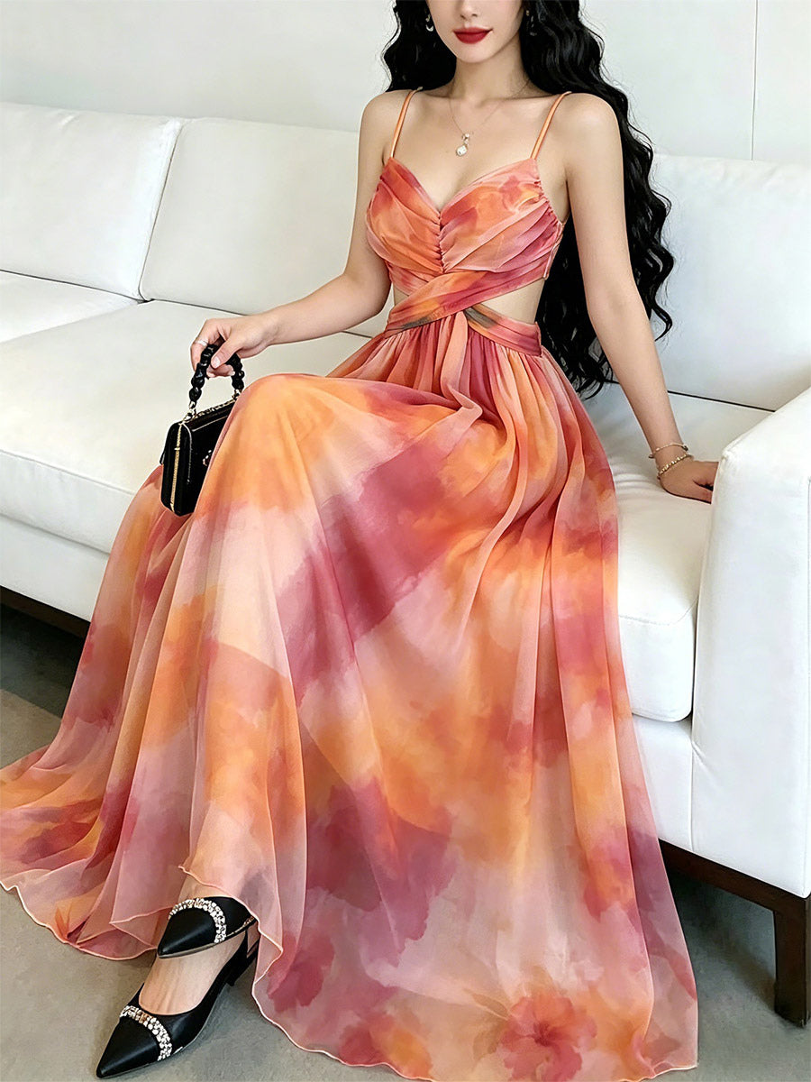 Vacation Dresses Maxi Cross Front Sleeveless Floral Print Straps Neck Chic Orange Dress