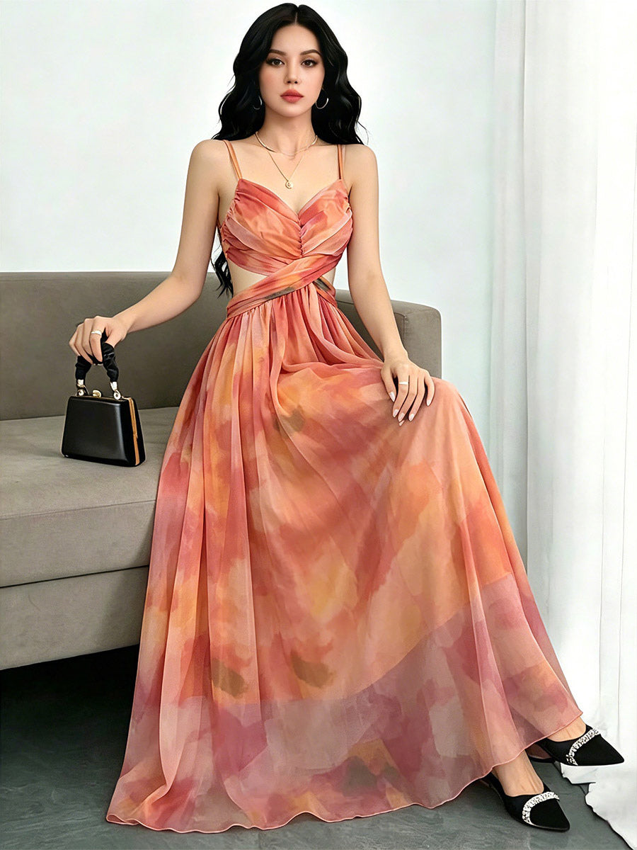 Vacation Dresses Maxi Cross Front Sleeveless Floral Print Straps Neck Chic Orange Dress