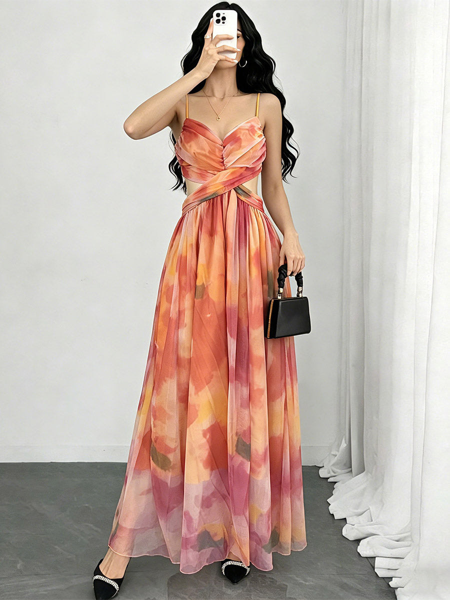 Vacation Dresses Maxi Cross Front Sleeveless Floral Print Straps Neck Chic Orange Dress