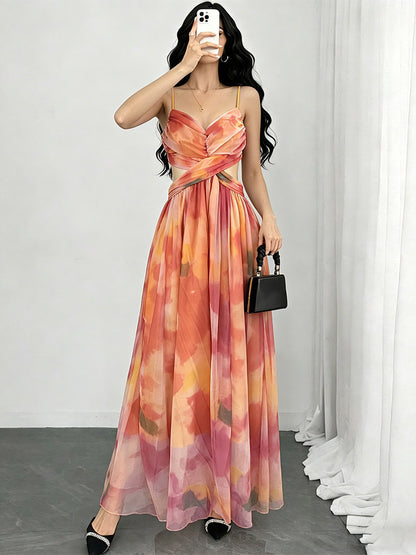 Vacation Dresses Maxi Cross Front Sleeveless Floral Print Straps Neck Chic Orange Dress