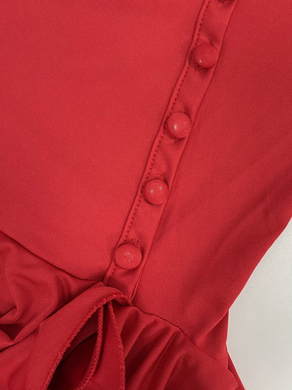 Date Night Dresses Mini Buttons Ruffles Long Sleeves V-Neck Flared Sleeves Elegant Pink Dress