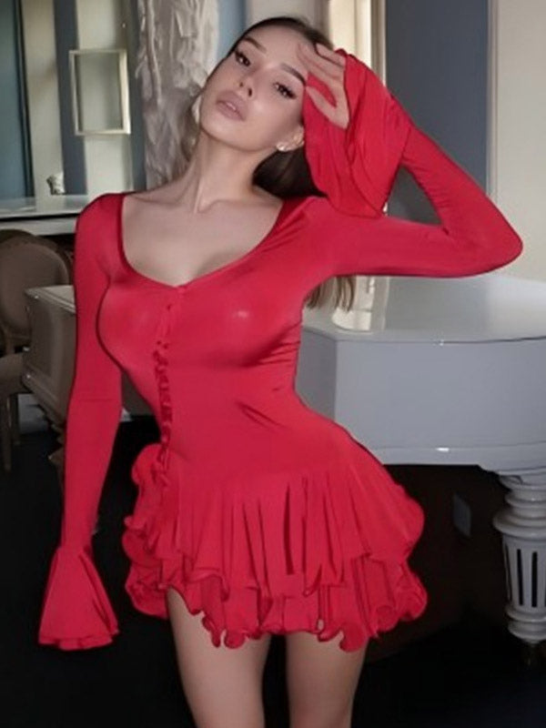 Date Night Dresses Mini Buttons Ruffles Long Sleeves V-Neck Flared Sleeves Elegant Pink Dress