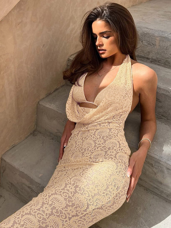 Party Dress Maxi Apricot V-Neck Lace Sleeveless Clothes Elegant Semi Formal Dress