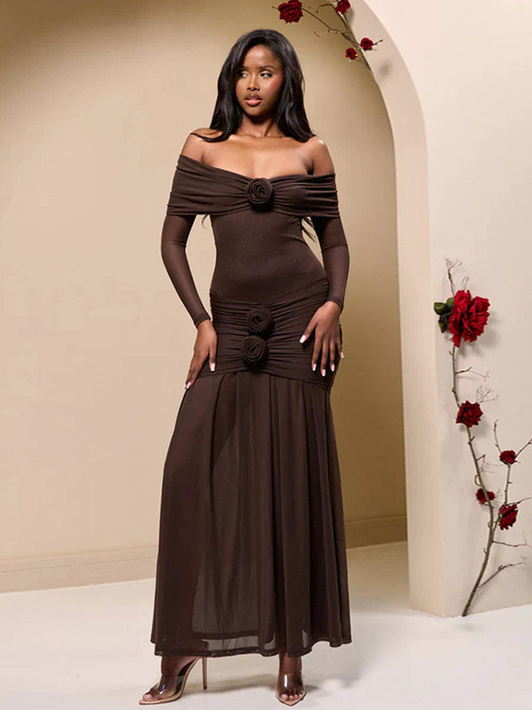 Party Dress Maxi Red Off-The-Shoulder Pleated Long Sleeves Clothes Elegant Semi Formal Dress