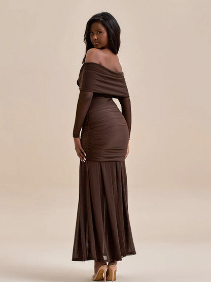 Party Dress Maxi Red Off-The-Shoulder Pleated Long Sleeves Clothes Elegant Semi Formal Dress