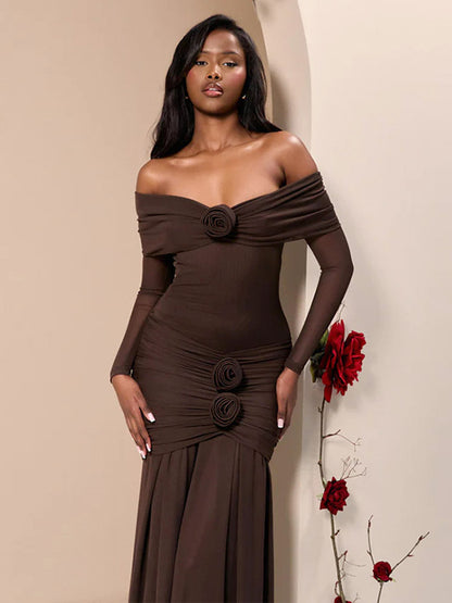 Party Dress Maxi Red Off-The-Shoulder Pleated Long Sleeves Clothes Elegant Semi Formal Dress