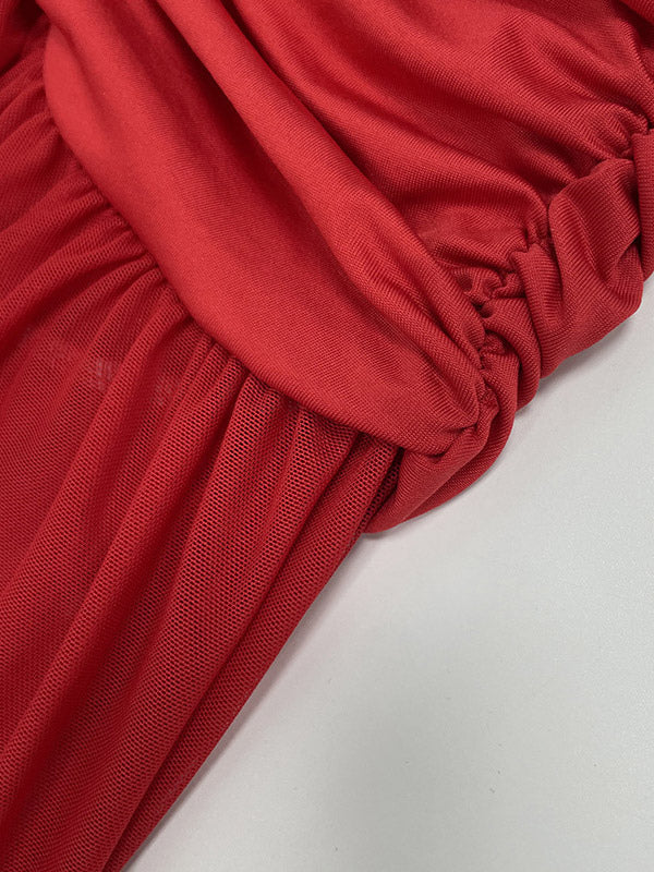 Party Dress Maxi Red Off-The-Shoulder Pleated Long Sleeves Clothes Elegant Semi Formal Dress