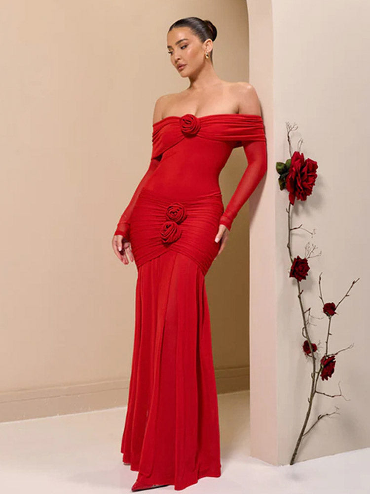 Party Dress Maxi Red Off-The-Shoulder Pleated Long Sleeves Clothes Elegant Semi Formal Dress