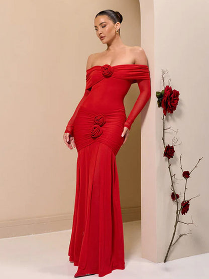 Party Dress Maxi Red Off-The-Shoulder Pleated Long Sleeves Clothes Elegant Semi Formal Dress
