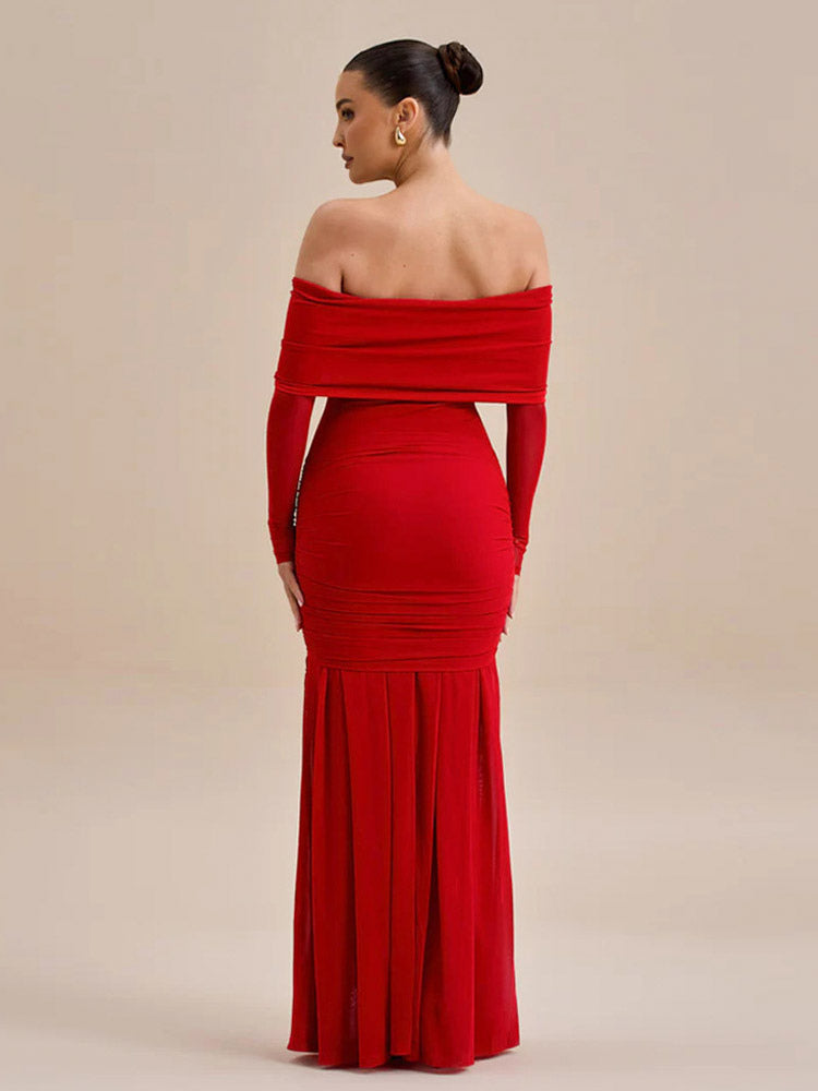 Party Dress Maxi Red Off-The-Shoulder Pleated Long Sleeves Clothes Elegant Semi Formal Dress