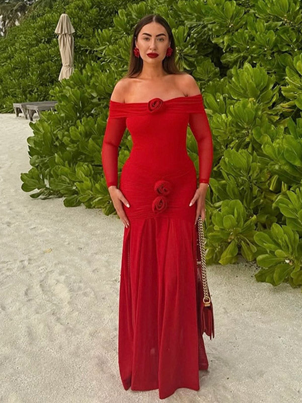 Party Dress Maxi Red Off-The-Shoulder Pleated Long Sleeves Clothes Elegant Semi Formal Dress