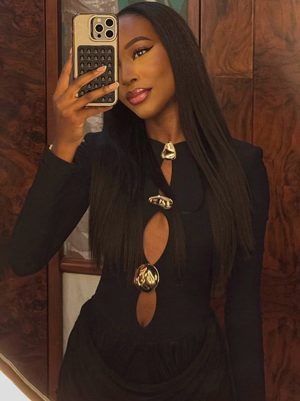 Party Dress Mini Black Jewel Neck Cut Out Long Sleeves Clothes Sexy Semi Formal Dress