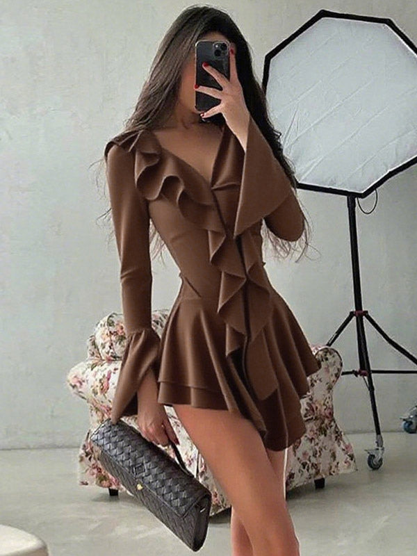 Date Night Dresses Mini Strappy Ruffles Long Sleeves V-Neck Flared Sleeves Chic Black Dress