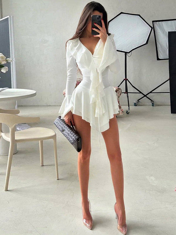 Date Night Dresses Mini Strappy Ruffles Long Sleeves V-Neck Flared Sleeves Chic Black Dress