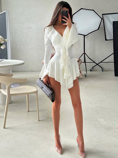 Date Night Dresses Mini Strappy Ruffles Long Sleeves V-Neck Flared Sleeves Chic Black Dress