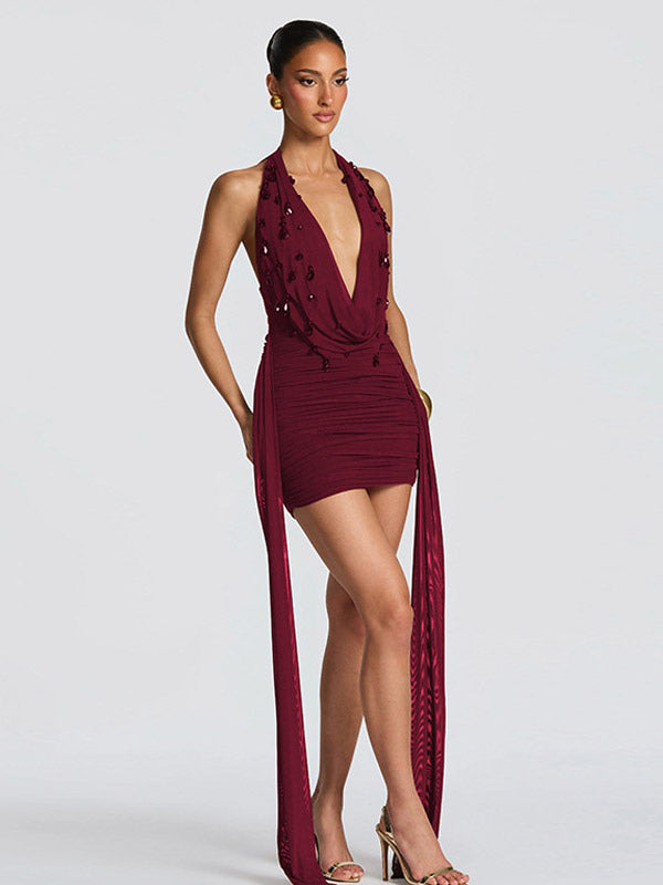 Party Dress Mini Black V-Neck Lace Up Sleeveless Backless Sexy Semi Formal Dress