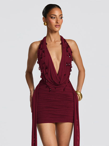 Party Dress Mini Black V-Neck Lace Up Sleeveless Backless Sexy Semi Formal Dress