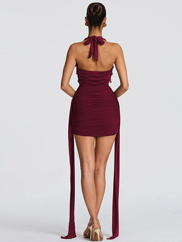 Party Dress Mini Black V-Neck Lace Up Sleeveless Backless Sexy Semi Formal Dress
