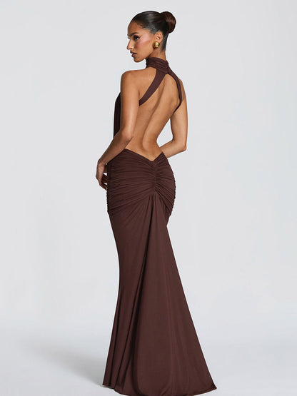 Party Dress Maxi Coffee Brown Halter Pleated Sleeveless Backless Chic Semi Formal Dress