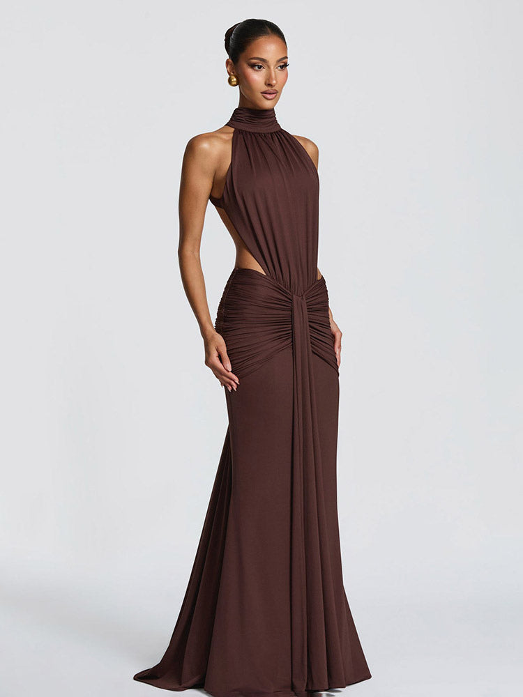 Party Dress Maxi Coffee Brown Halter Pleated Sleeveless Backless Chic Semi Formal Dress